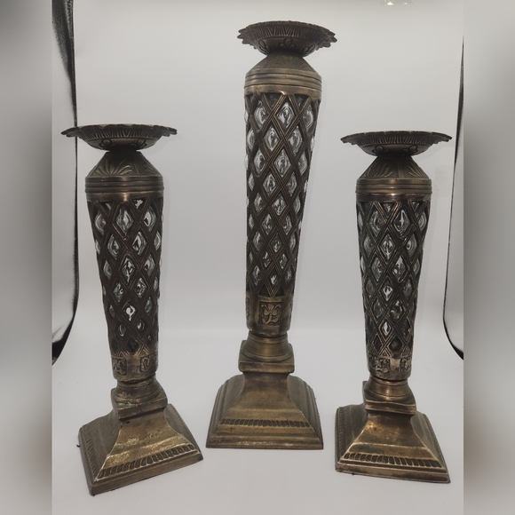 Rare Vintage Pewter Caged Glass Pillar Candle Holders Set Of 3